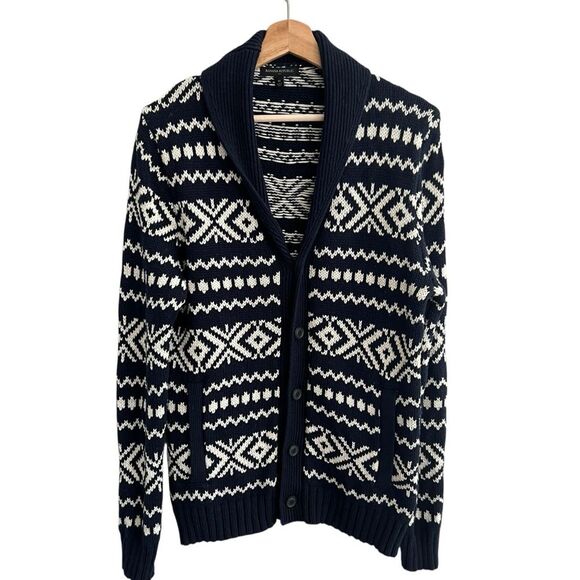 Banana Republic Mens Fair Isle Cardigan Sweater M Navy Preppy Academia Holiday - Picture 1 of 8
